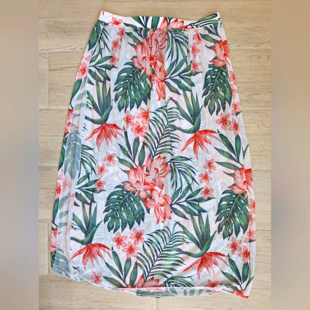 Women's tropical floral print sheer long skirt swimsuit cover up - size medium